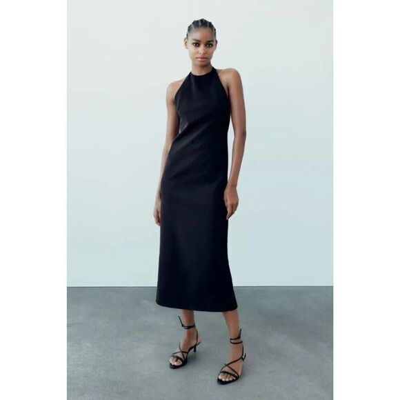 Zara Dresses & Skirts - Zara Women Midi Dress Size M Black Shiny Halter Neck Cocktail 8620/707 NWT